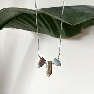 Blue and brown long stone necklace with silver chain